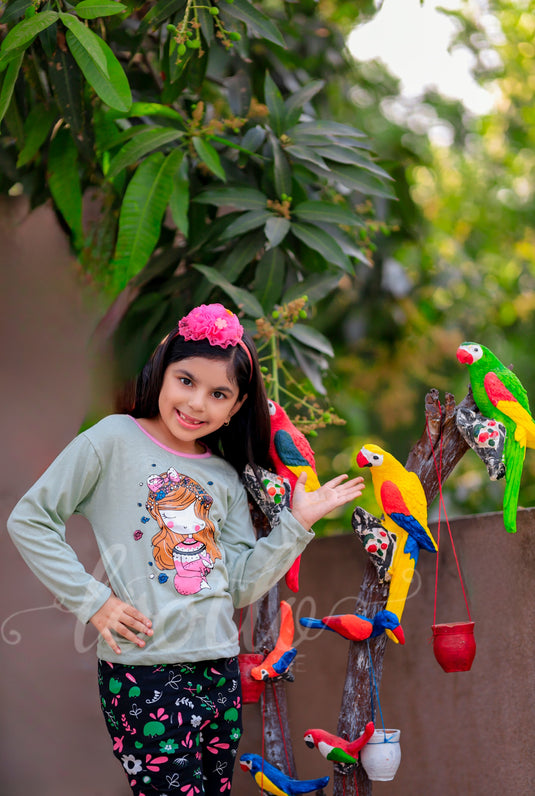 Green Doll With Pink Neck Printed Kids Suit