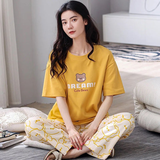 Yellow Dream Cute Bear Printed Half Sleeves Shirt and Printed Trouser Night Wear