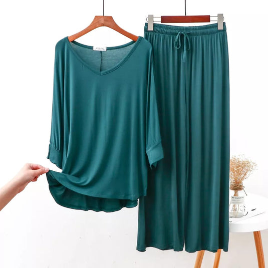 Plain Green V Neck Full Sleeves Night Wear