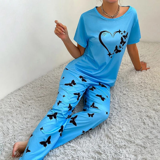 Blue Heart Butterfly Printed Half Sleeves T-Shirt and Butterfly Printed Trouser Night Wear