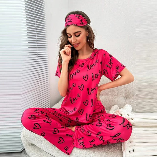 Shocking Pink Love Printed Half Sleeves T-Shirt With Printed Trouser Night Wear