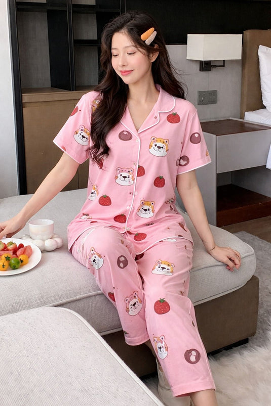 Baby Pink Flowers With Bears Printed Front Button Night Wear