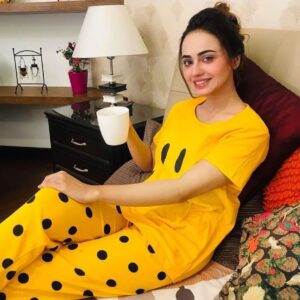 Yellow Smiley Half Sleeves Shirt and Black Doted Trouser Night Wear