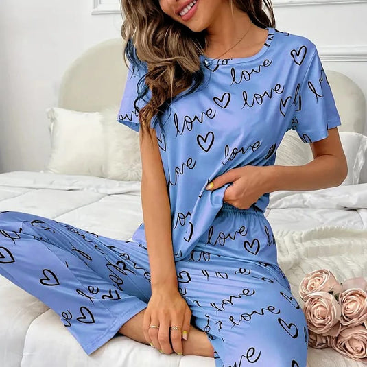 Blue Love Printed Half Sleeves T-Shirt and Love Printed Trouser Night Wear