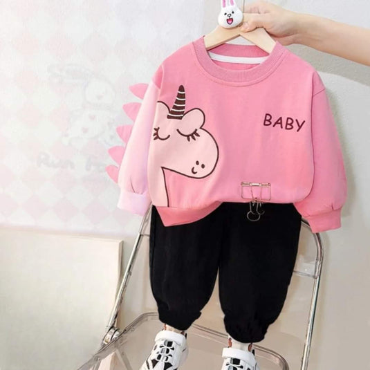 Pink Dragon Printed Sweatshirt and Black Trouser Kids Track Suit