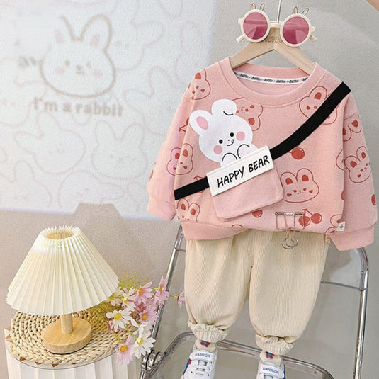 Pink Happy Bear Printed Sweatshirt and Off White Trouser Kids Track Suit