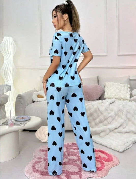 Sky Blue With Black Hearts Printed Half Sleeves Shirt And Black Hearts Printed Trouser Night Wear