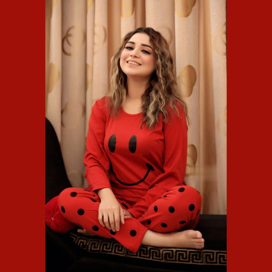 Red Smiley Full Sleeves Shirt and Black Dot Printed Trouser Night Wear