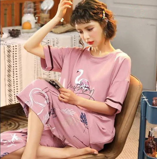 Pink Duck Half Sleeves Printed Shirt and Printed Trouser Night Wear