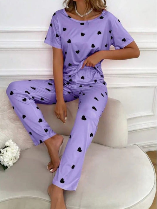 Purple With Black Hearts Printed Half Sleeves Shirt And Black Hearts Printed Trouser Night Wear