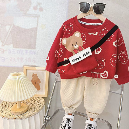 Red Happy Bear Printed Sweatshirt and Off White Trouser Kids Track Suit