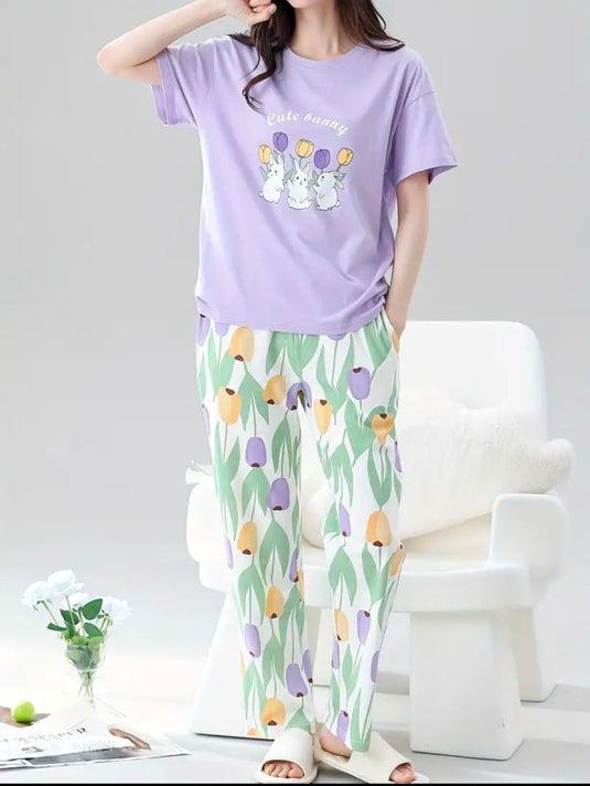 Purple Cuty Bunny Printed Half Sleeves Shirt and Printed Trouser Night Wear