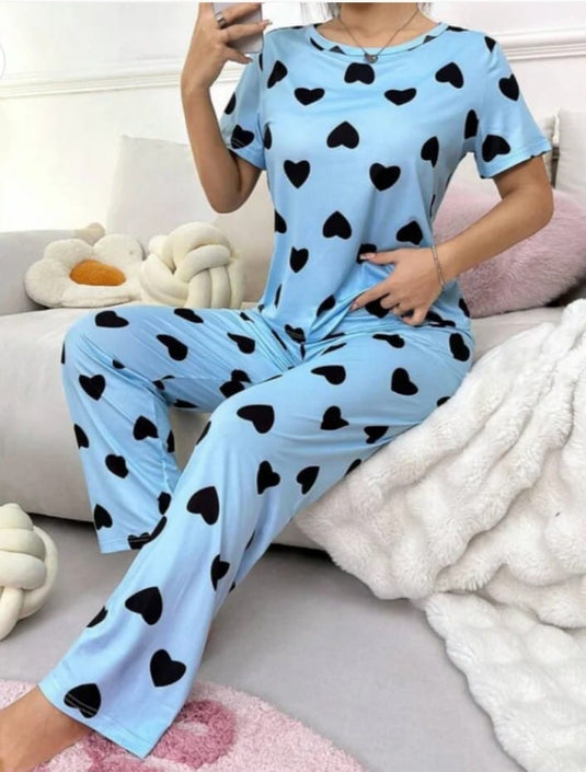 Sky Blue With Black Hearts Printed Half Sleeves Shirt And Black Hearts Printed Trouser Night Wear