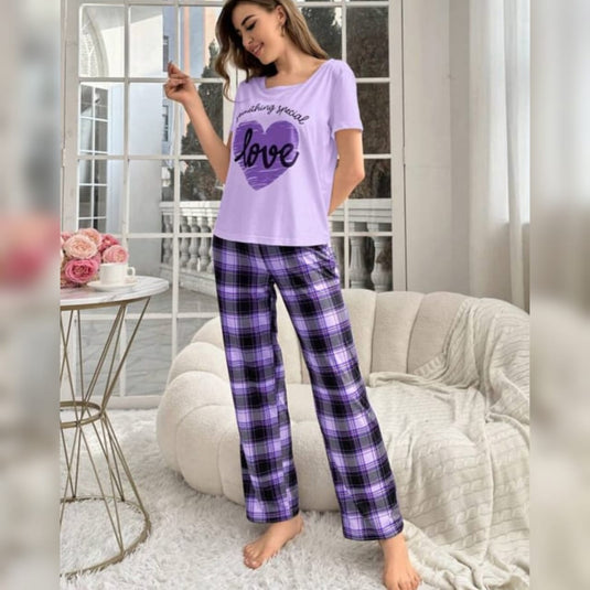 Light Purple With Love Heart Printed And Purple Check Printed Trouser Night Wear