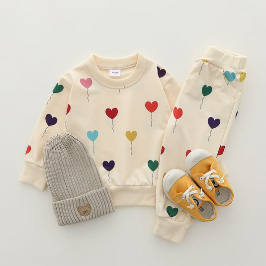 Off White Multi Hearts Printed Sweatshirt and Off White Multi Hearts Trouser Kids Track Suit