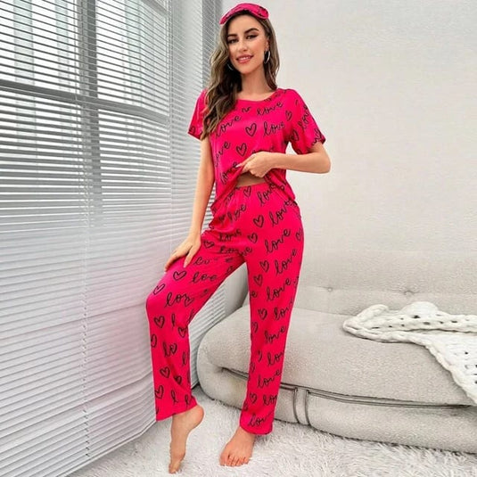 Shocking Pink Love Printed Half Sleeves T-Shirt With Printed Trouser Night Wear