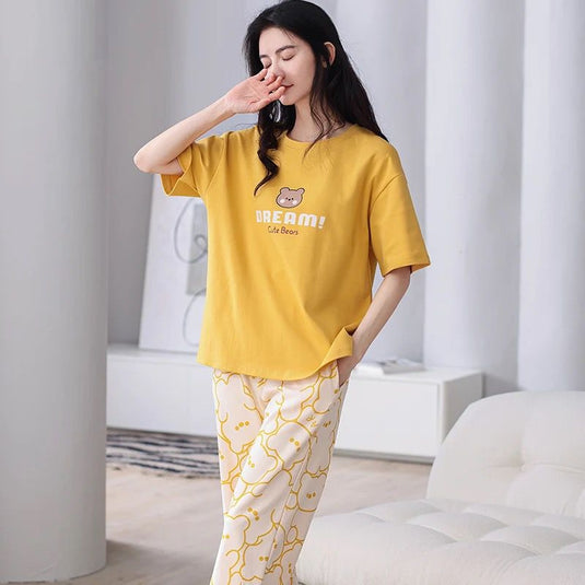 Yellow Dream Cute Bear Printed Half Sleeves Shirt and Printed Trouser Night Wear