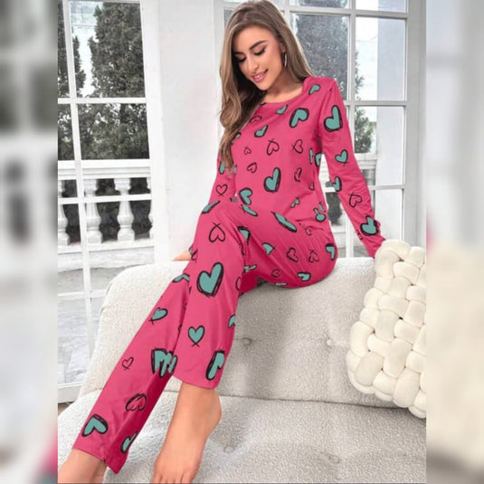 Hot Pink Green Heart Printed Shirt Full Sleeves And Green Heart Printed Trouser Night Wear