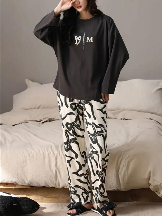 Black Ribbon Full Sleeves Shirt and Printed Trouser Night Wear