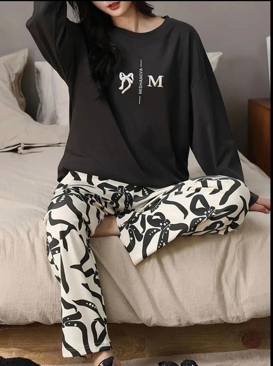 Black Ribbon Full Sleeves Shirt and Printed Trouser Night Wear