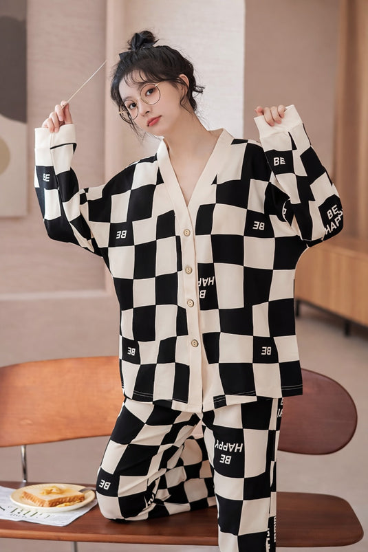 White Check Printed Front Button Night Wear