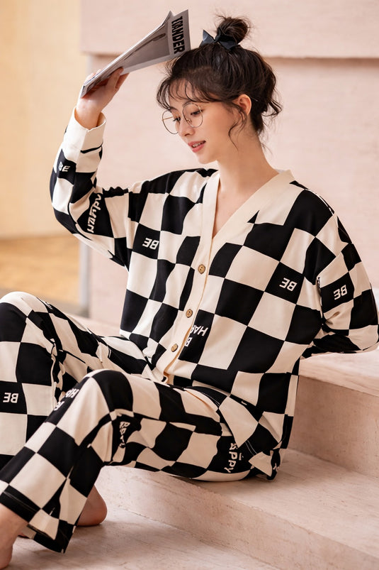 White Check Printed Front Button Night Wear
