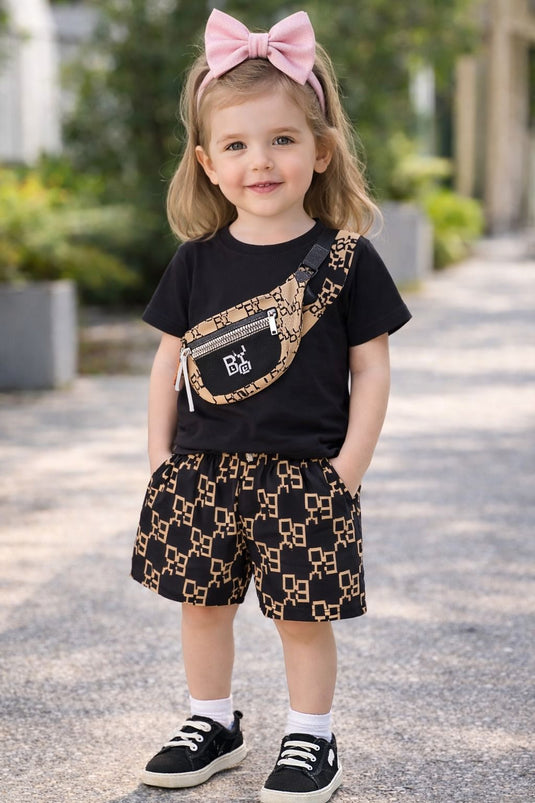 Black Slide Bag Printed Shirt & WIth Printed Short Kids Suit