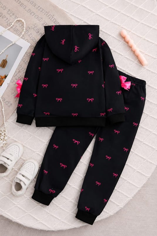 Black With Pink Bow Printed Kids Track Suit