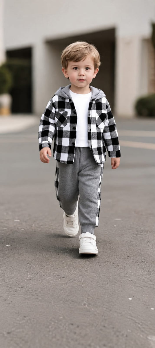 Grey Black Check Printed Kids Track Suit