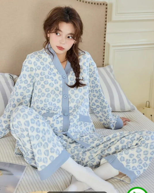 Sky Blue Cheetah Printed Front Button Night Wear