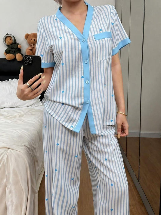 Sky Blue Lining Printed Front Button Night Wear