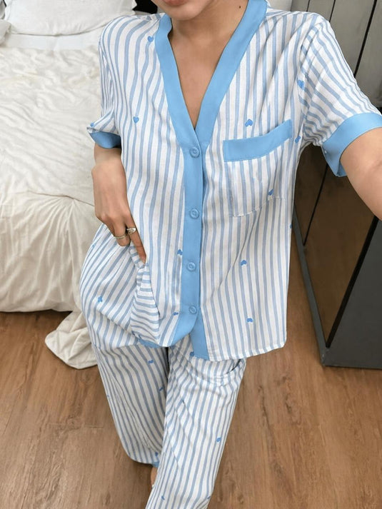 Sky Blue Lining Printed Front Button Night Wear