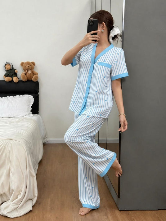 Sky Blue Lining Printed Front Button Night Wear