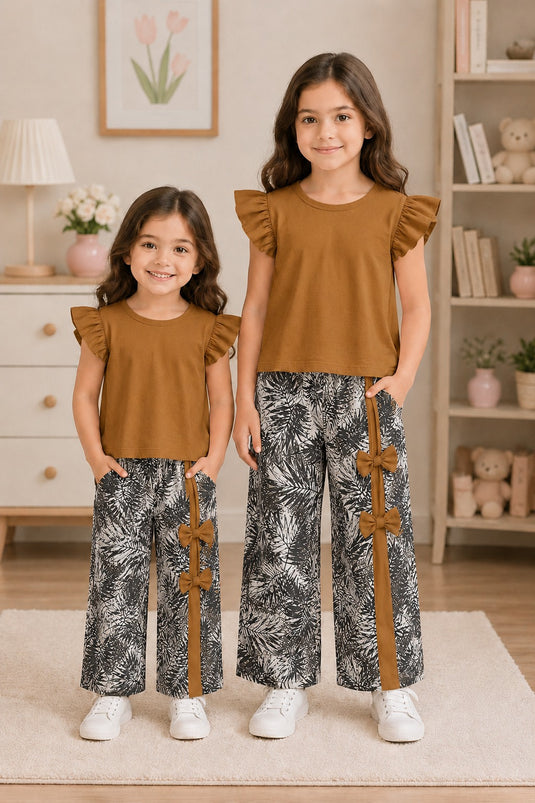 Brown Frill Sleeves Shirt and Side Bow Leaf Printed Kids Wear