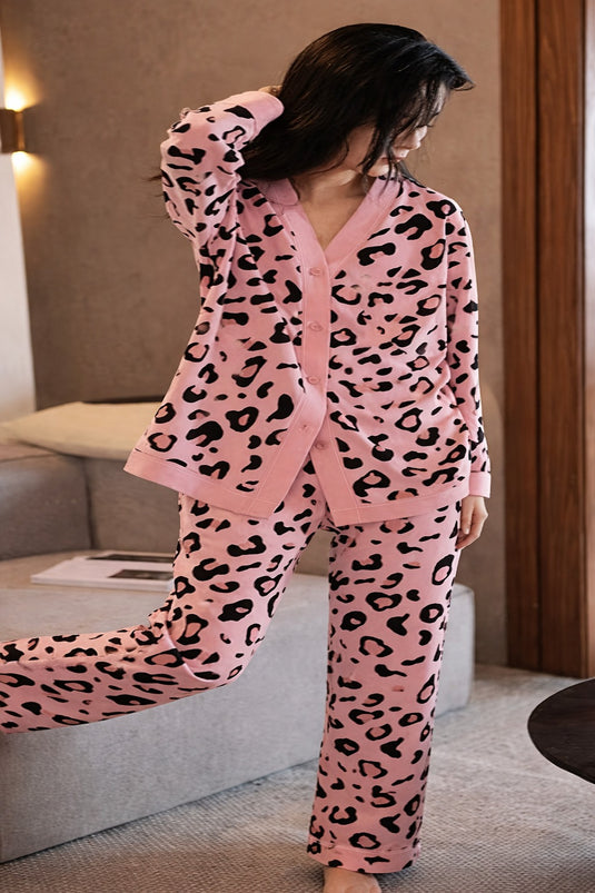 Baby Pink Cheetah Printed Front Button Night Wear