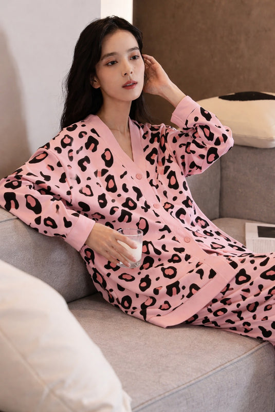 Baby Pink Cheetah Printed Front Button Night Wear