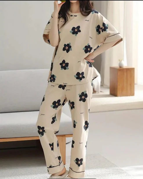 Skin Flower Printed Half Sleeves Shirt and Printed Trouser Night Wear