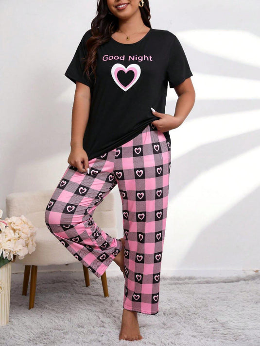 Black Good Night Heart Printed Half Sleeves Shirt And Printed Trouser Night Wear