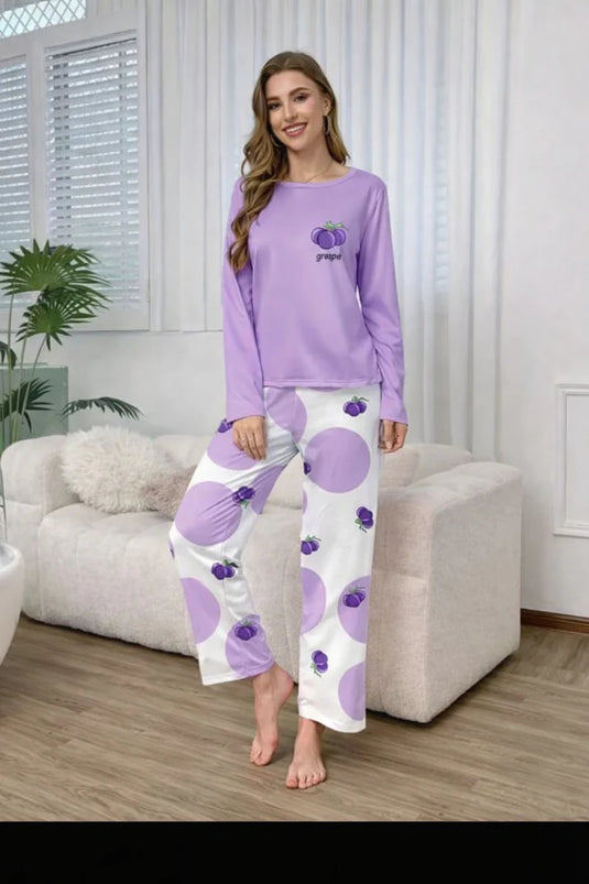 Purple Grape Full Sleeves Shirt and Printed Trouser Night Wear