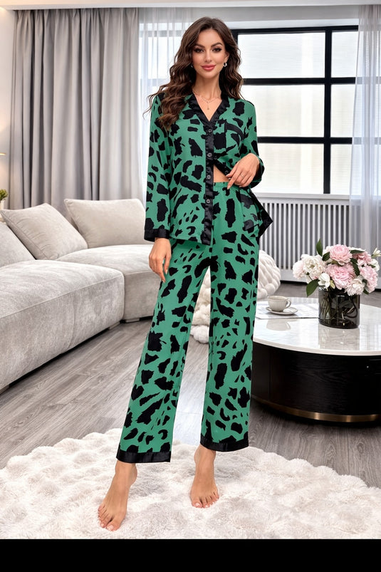 Green Cheetah Printed Front Button Night Wear
