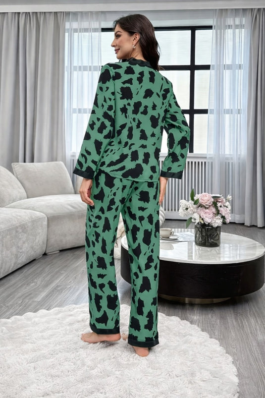 Green Cheetah Printed Front Button Night Wear
