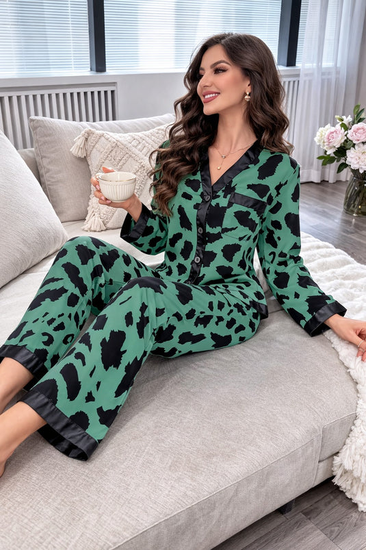 Green Cheetah Printed Front Button Night Wear