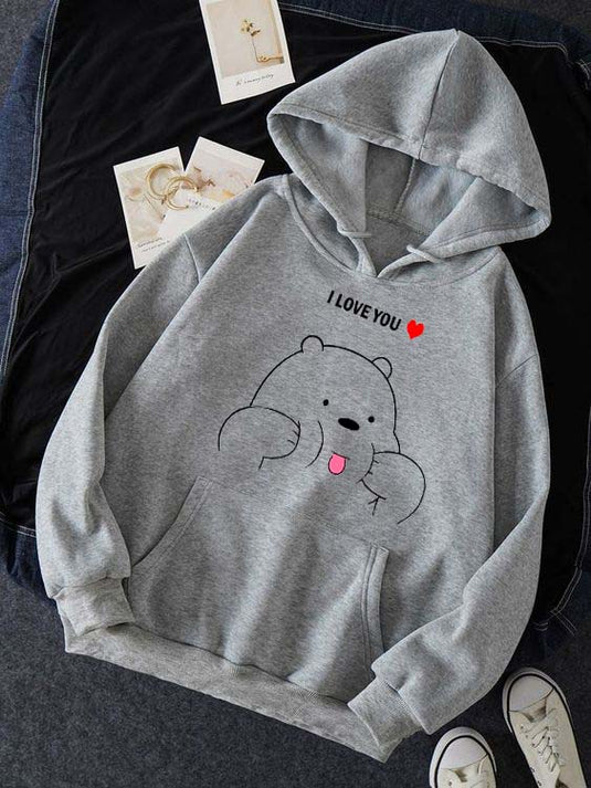 Grey I Love Panda Printed Hoodie