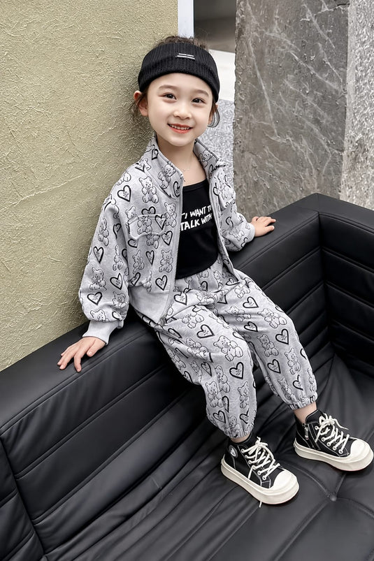 Grey Bears and Hearts Printed Zipper Kids Track Suit