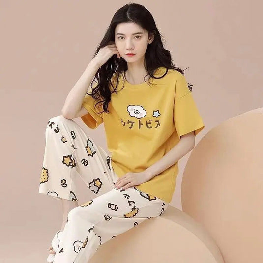 Yellow New Printed Half Sleeves Shirt And White Printed Trouser Night Wear