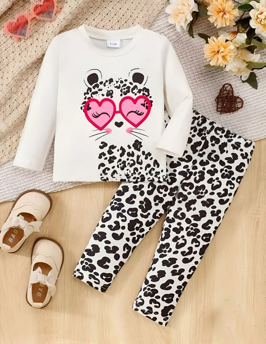 White Cat Printed Shirt With Cheeta Printed Trouser Kids Suit