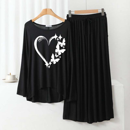 Plain Black Round Neck Frill Sleeves Heart Butterfly Night Wear