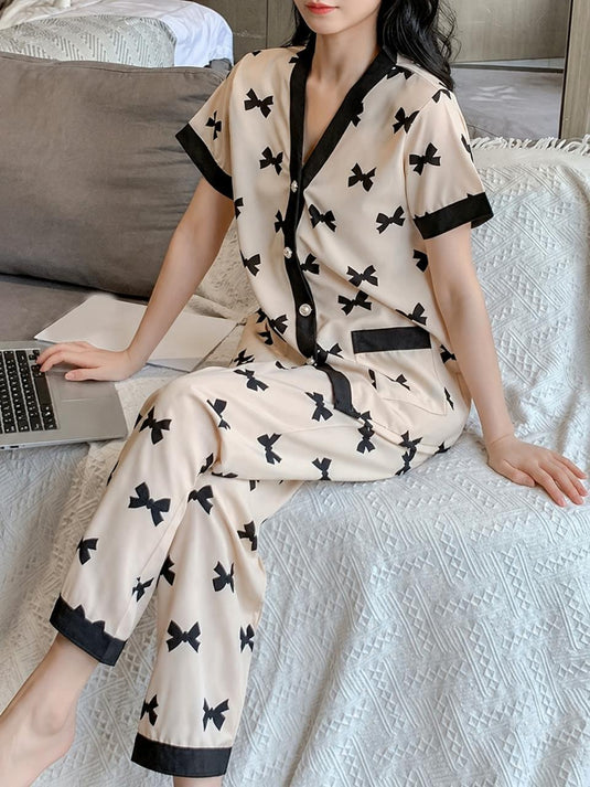 White With Black Bow Printed Front Button Night Wear