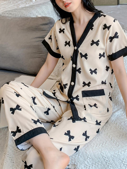 White With Black Bow Printed Front Button Night Wear