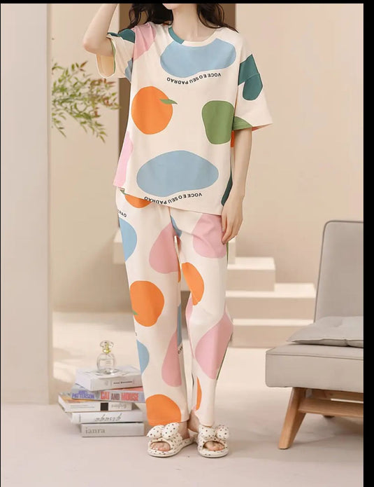Off White Multi Colors Printed Half Shirt and Printed Trouser Night Wear